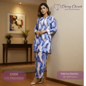 Blue and White Abstract Print Two-Piece Suit