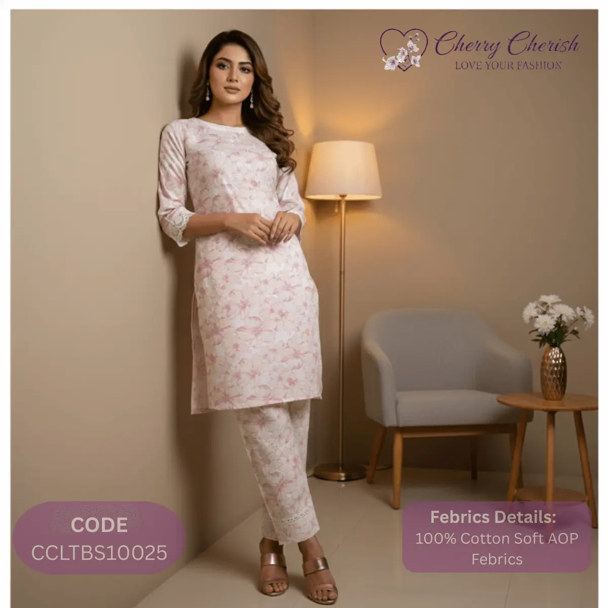 Pastel Floral Print Soft Cotton Two-Piece Suit