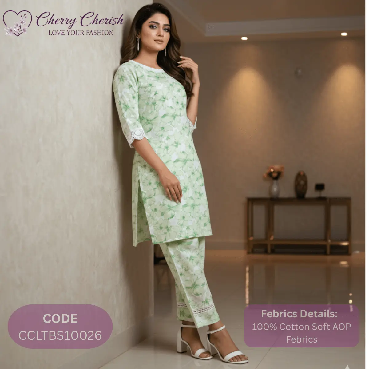 Light Green & White Floral Soft Cotton 2 Pcs Set
