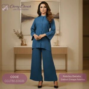 Deep Blue Band Collar Cotton Crepe Top Bottom Set