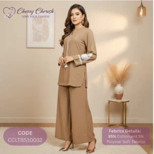 Taupe Cotton Polyester Two-Piece Suit with Wide Trousers