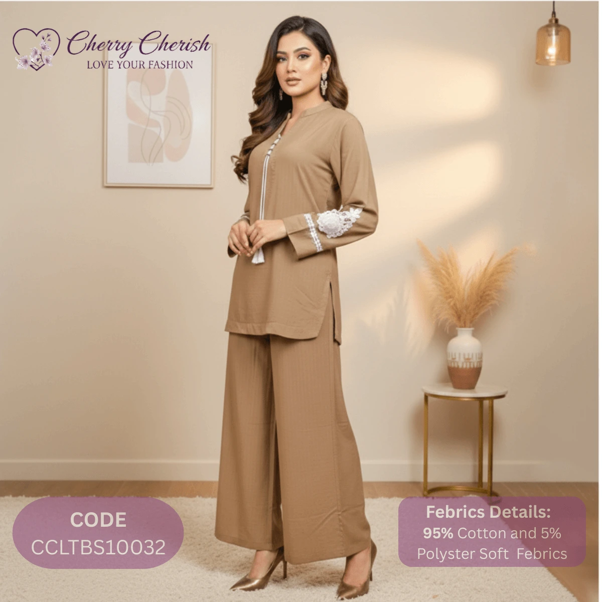 Taupe Cotton Polyester Two-Piece Suit with Wide Trousers