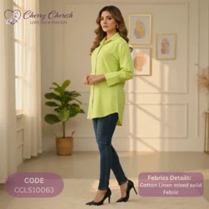 Women's Lime Green Cotton Linen Mixed Solid Shirt