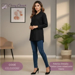 Women's Black Cotton Linen Mixed Solid Button-Down Shirt