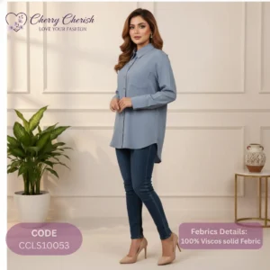 Women's Dusty Blue 100% Viscose Longline Shirt