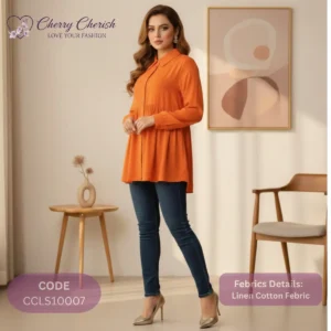 Women's Burnt Orange Linen Cotton Empire Waist Tunic