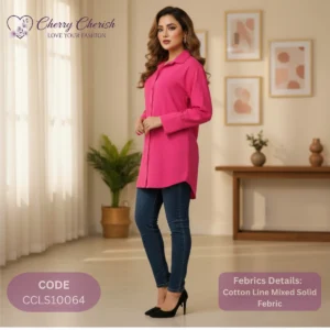 Women's Vibrant Pink Cotton Linen Mixed Solid Shirt