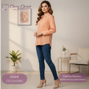 Women's Peach 100% Viscose Solid Button-Down Shirt
