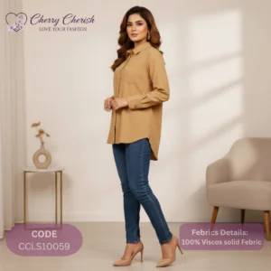 Women's Tan 100% Viscose Button-Down Tunic Shirt