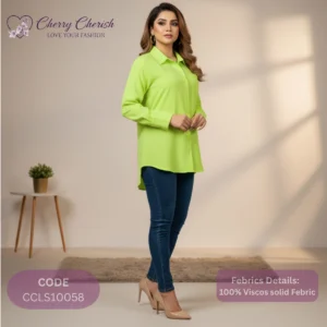 Women's Lime Green 100% Viscose Button-Down Longline Shirt