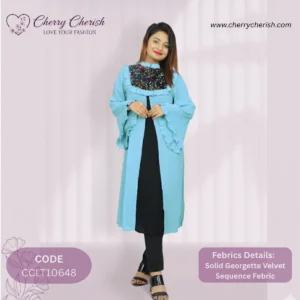 Turquoise Ruffled Georgette Sequin Ladies Top