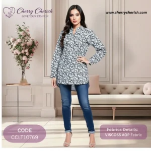 Slate Grey & White Ditsy Floral Viscose Tunic