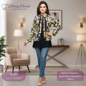 Cherry Cherish Botanical Printed Royal Silk & Georgette Layered Tunic